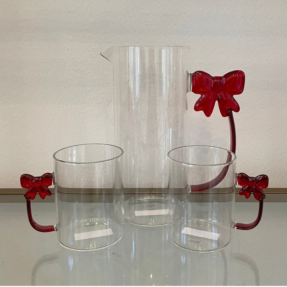 3pc Clear Glass Mugs & Pitcher with Coquette Red Bow Handle Holiday Glam NEW